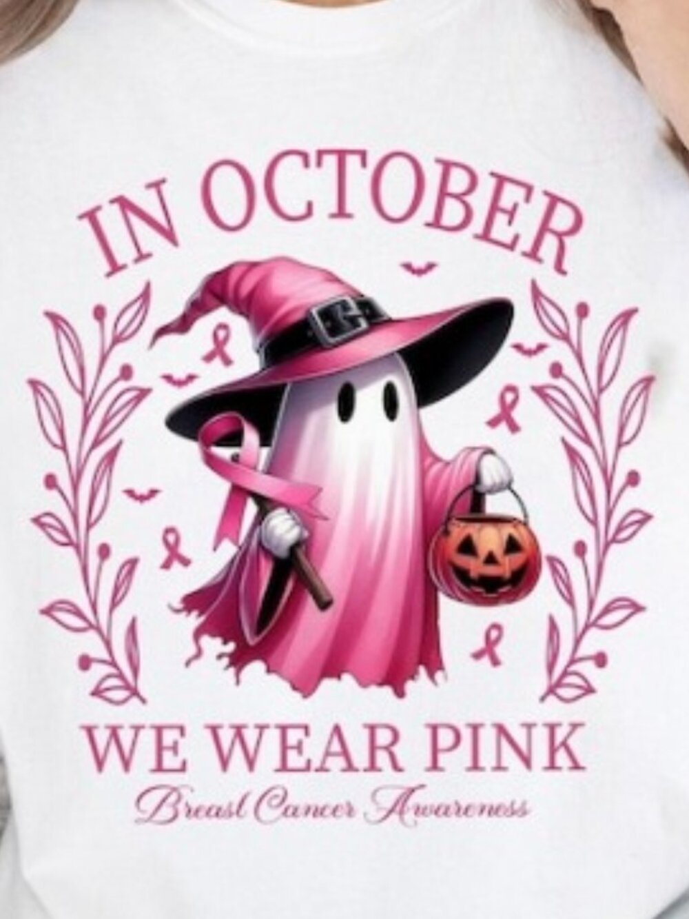 In October We Wear Pink Ghost Shirt, Halloween Tee - Picture 2 of 4